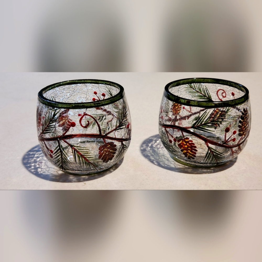 Vintage Yankee Candle Balsam & Cedar Crackle Glass Votive Holders GUC